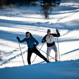 Zwei Langläufer bewegen sich energisch durch die verschneite Winterlandschaft, umgeben von sanften Hügeln und Bäumen.