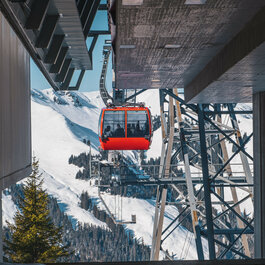 Eine rote Gondel schwebt über schneebedeckte Berge, während die Sonne auf die Landschaft scheint und die Bäume im Vordergrund sichtbar sind.