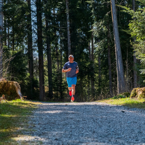 Ein Mann joggt auf einem Kiesweg durch einen sonnigen Wald, umgeben von hohen Bäumen und frischem Grün.
