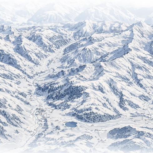 Skigebiet Kitzbühel, Visualisierung, weite verschneite Berglandschaft mit schroffen Gipfeln unter klarem, blauem Himmel.