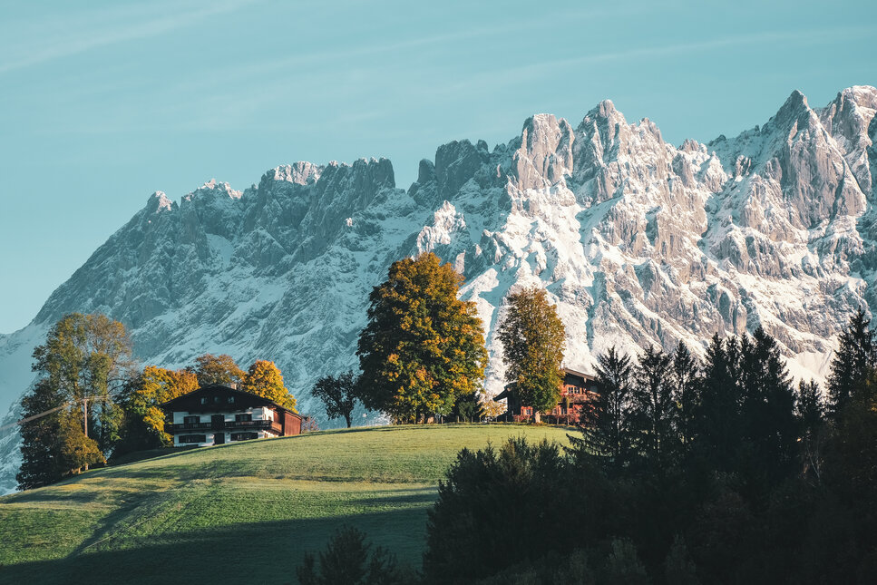 Eine malerische Herbstlandschaft mit schneebedeckten Bergen im Hintergrund und bunten Bäumen auf einer sanften Wiese.
