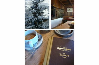 Collage aus verschneiter Tanne, rustikaler Holzhütte innen und einer Kaffeetasse mit Speisekarte auf einem Holztisch.