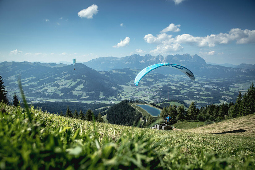 Im Vordergrund ist saftiges Gras zu sehen, während ein Paraglider in der Ferne über die hügelige Landschaft fliegt.