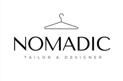 A minimalist logo featuring the word "NOMADIC" with a hanger above it. It conveys a modern, elegant style for a tailor and designer.