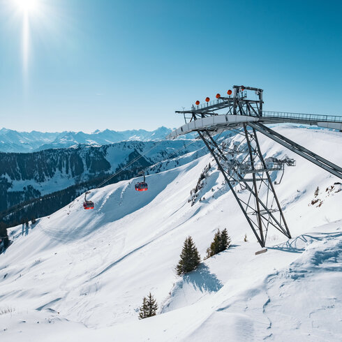 Die beeindruckende Berglandschaft zeigt eine Seilbahn, die über schneebedeckte Hänge und Wälder führt, unter klarem Himmel.