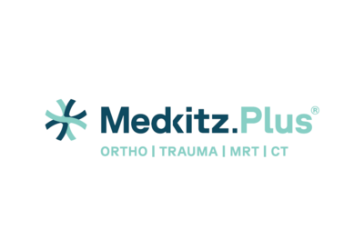A modern logo of Medkitz.Plus. It displays the brand name and the fields of expertise: Orthopedics, Trauma, MRI, and CT.