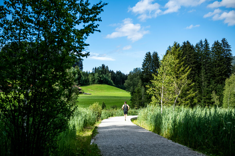 Ein Läufer joggt auf einem schmalen Weg, umgeben von üppigem Grün und Bäumen unter einem strahlend blauen Himmel.