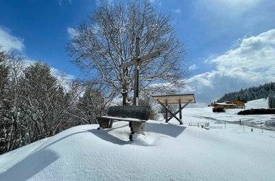 Holzkreuz mit Sitzbank auf einem verschneiten Hügel vor einem Baum und blauem Himmel.
