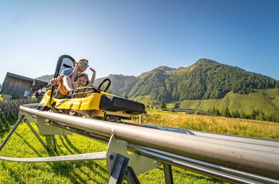 Timoks Coaster Sommer Berge Eine aufregende Sommerrodelbahn in den Bergen. Zwei Personen genießen die Fahrt bei schönem Wetter und klarem Himmel.