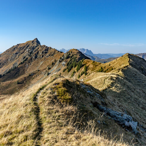 Eine atemberaubende Berglandschaft mit sanften Hügeln und einem klaren blauen Himmel, ideal für Wanderer und Naturliebhaber.