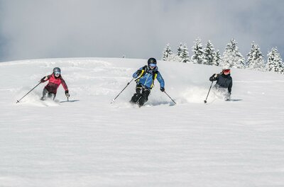 Drei Skifahrer fahren nebeneinander durch tiefen Pulverschnee auf einem Hang.
